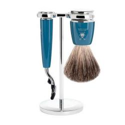 Set de rasage 3 pi&egrave;ces M&uuml;hle Rytmo bleu Mach3&reg;, blaireau pur noir