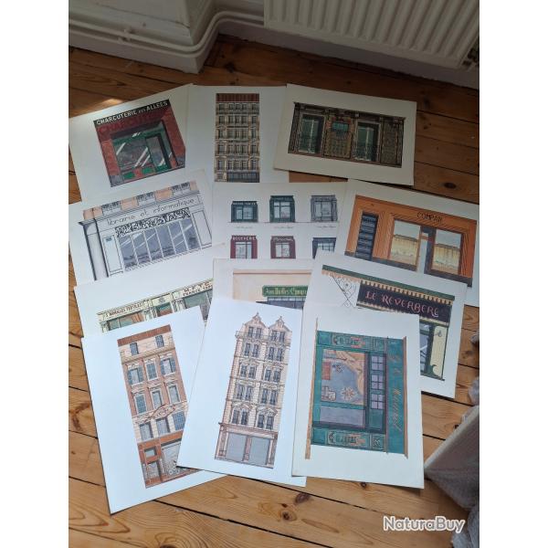 Lot de 12 grandes lithographies b�timents de Marseille Catherine d'Ortoli sign�es dans la planche.