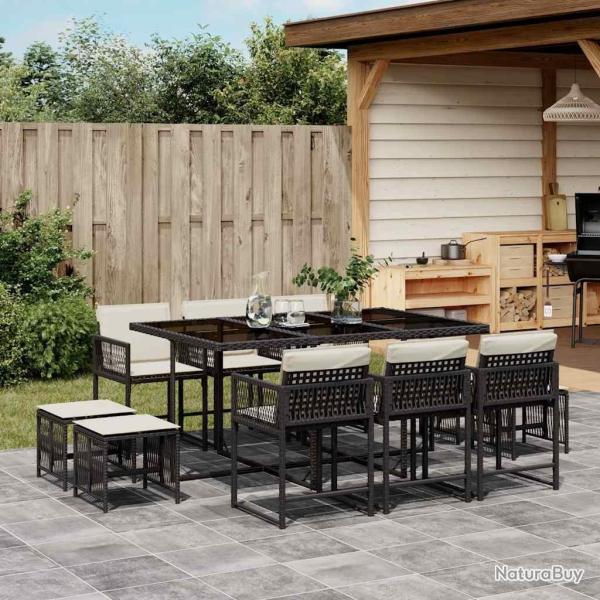 Ensemble � manger de jardin 11 pcs coussins noir r�sine tress�e
