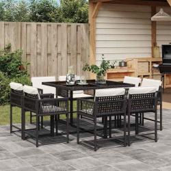 Ensemble &agrave; manger de jardin 9pcs coussins noir r&eacute;sine tress&eacute;e