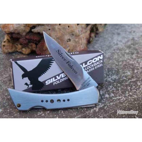 Couteau Silver Falcon Lame Acier VG-10 Manche Acier Inoxydable Lockback Ouverture 2 mains