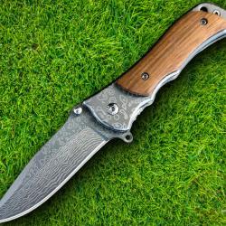 Couteau Semi Automatique ElitEdge Lame Acier 440C Motif Damas Manche Bois/Acier Linerlock Clip