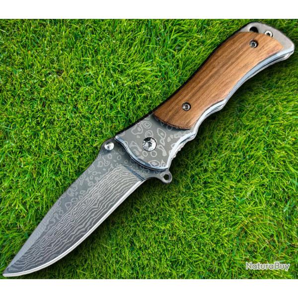 Couteau Semi Automatique ElitEdge Lame Acier 440C Motif Damas Manche Bois/Acier Linerlock Clip