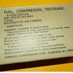 ARMEE AMERICAINE U.S : FUEL,COMPRESSED,TRIOXANE , RATION HEATING , FABRICANT CHEMICAL COMPOUNDING CO