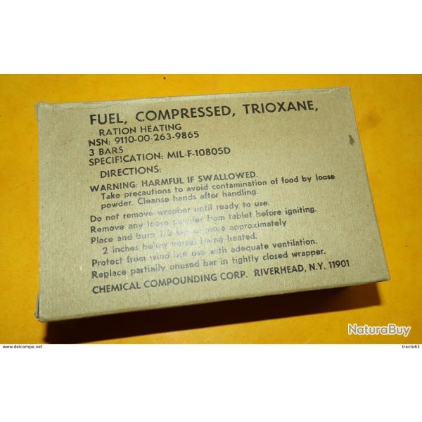 ARMEE AMERICAINE U.S : FUEL,COMPRESSED,TRIOXANE , RATION HEATING , FABRICANT CHEMICAL COMPOUNDING CO