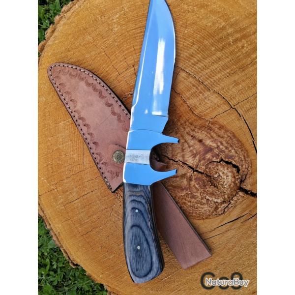 GC9 - Grande pi�ce artisanale avec garde int�grale poli miroir, insert en os, manche bois nervur�
