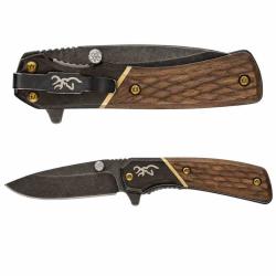 Couteau Browning Hunter Lame Acier 440C Black Manche Bois Sculpt&eacute; Liner Lock BR0390B