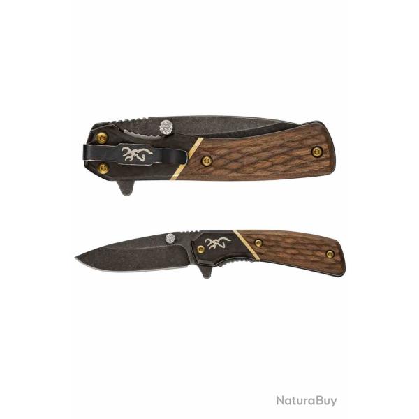 Couteau Browning Hunter Lame Acier 440C Black Manche Bois Sculpt� Liner Lock BR0390B