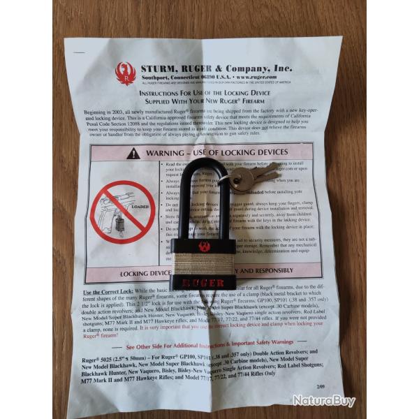 Verrou de pontet cadenas Ruger neuf emball� pour revolver, fusil ou carabine ruger