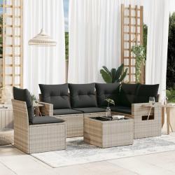 Salon de jardin 6 pcs avec coussins gris clair r&eacute;sine tress&eacute;e