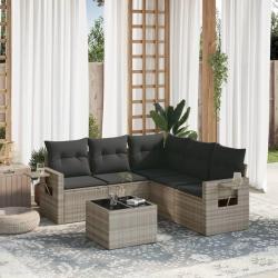 Salon de jardin 6 pcs avec coussins gris clair r&eacute;sine tress&eacute;e
