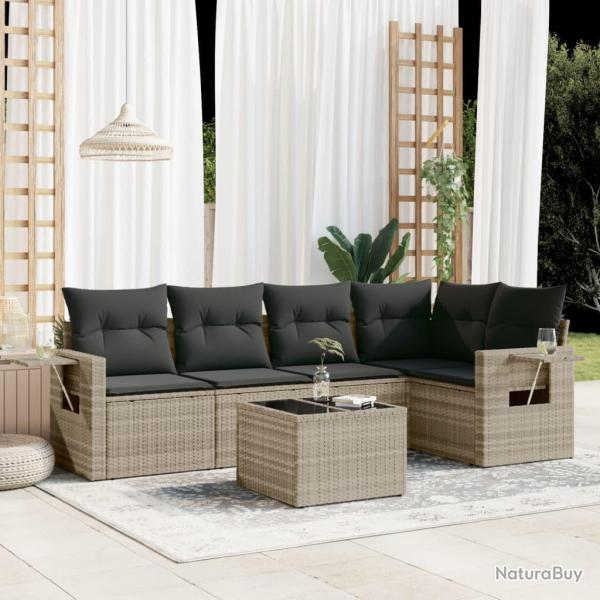 Salon de jardin 6 pcs avec coussins gris clair r�sine tress�e