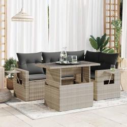 Salon de jardin 5 pcs avec coussins gris clair r&eacute;sine tress&eacute;e