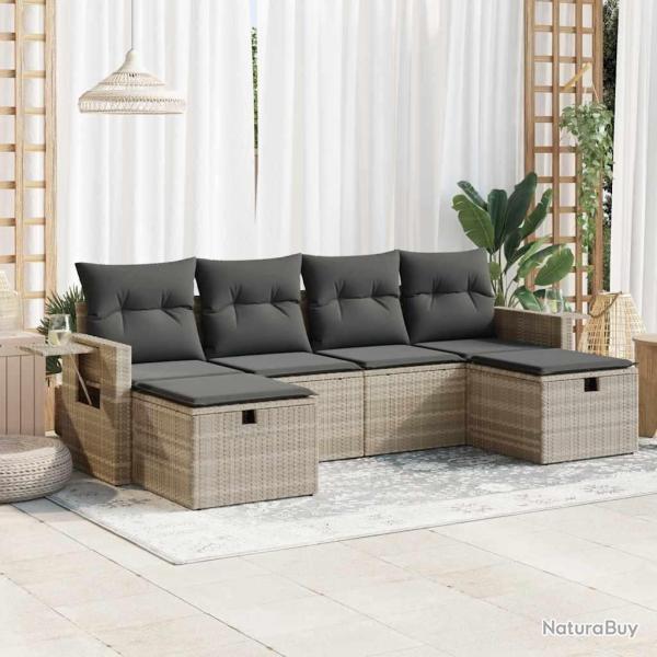 Salon de jardin 6 pcs avec coussins gris clair r�sine tress�e