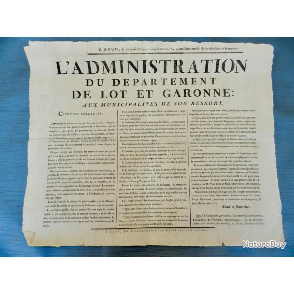 Affiche r�volutionnaire originale de l'An IV - Agen.