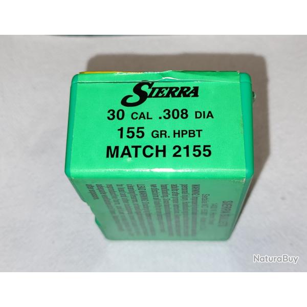 1 boite de 100 ogives sierra match king .30 cal 308 155 grs HPBT r�f 2155