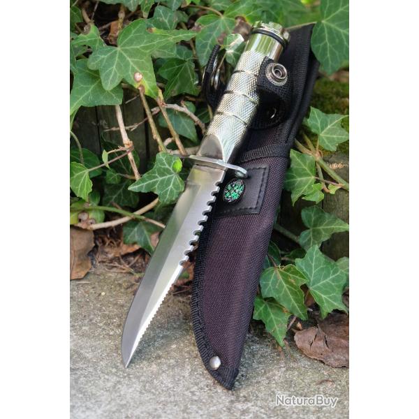 Couteau de Survie Pilote H�lico Lame Acier Inox Manche Aluminium Etui Nylon Boussole Kit de Survie