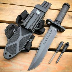 Couteau Combat Ready Survival Evasion Lame Acier 440 Sawback Manche ABS Etui Affuteur Allume Feu