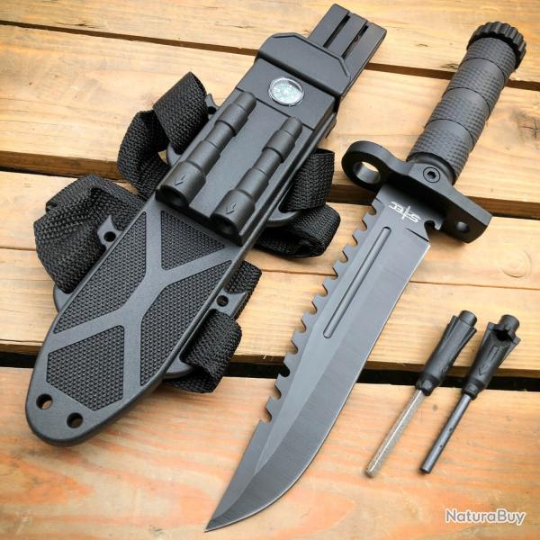 Couteau Combat Ready Survival Evasion Lame Acier 440 Sawback Manche ABS Etui Affuteur Allume Feu