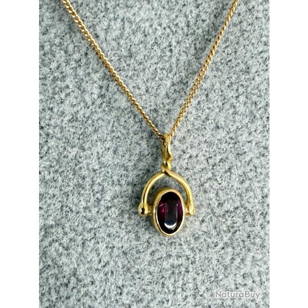 Collier en or massif 18 carats avec pierre bordeaux - 40 cm