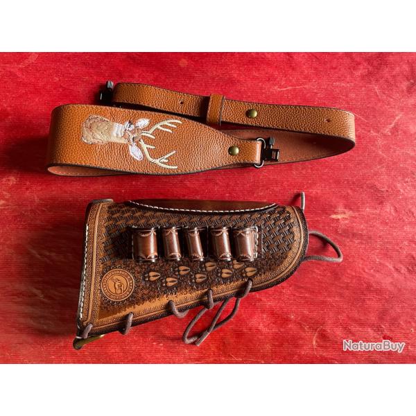 Lot Busc pour crosse en cuir et sangle cuir pour fusil