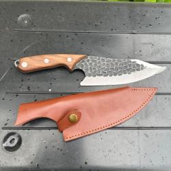 COUTEAU DE DECOUPE 20.9CM LAME EFFET BRUT + ETUI CUIR