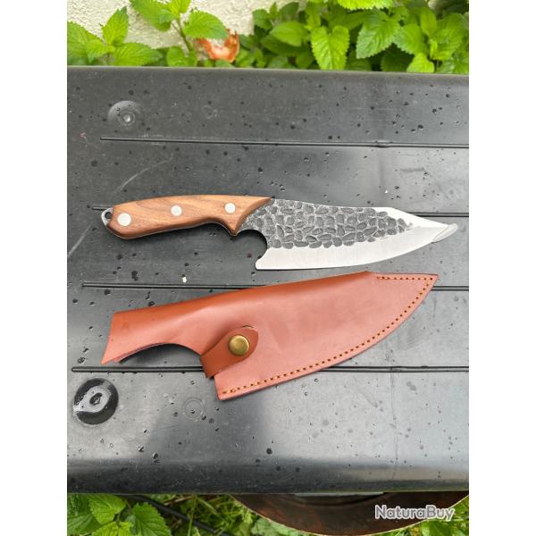 COUTEAU DE DECOUPE 20.9CM LAME EFFET BRUT + ETUI CUIR