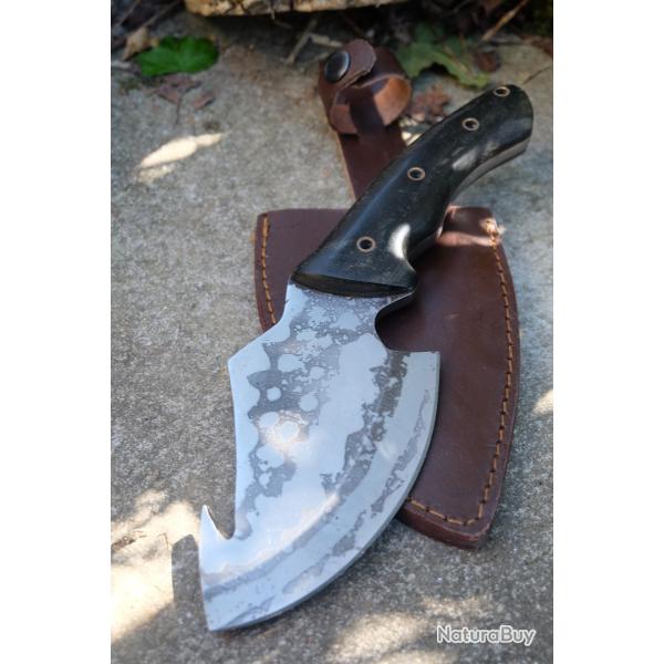 GROS Couteau Skinner D�coupe Damas Lame Acier Carbone 1055 Manche Micarta Etui Cuir Fabr Artisanale