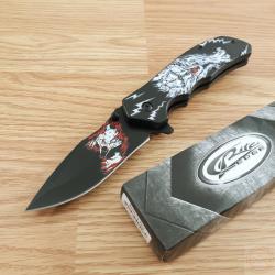 Couteau Rite Edge Loup Wolf Lame Acier Inox Loup | Manche ABS Noir D&eacute;cor Loup | Linerlock
