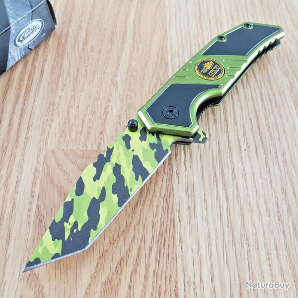 Couteau Semi Automatique Tactical Rite Edge Lame Tanto Camo 3Cr13 Manche Alu Green Military Linerlo