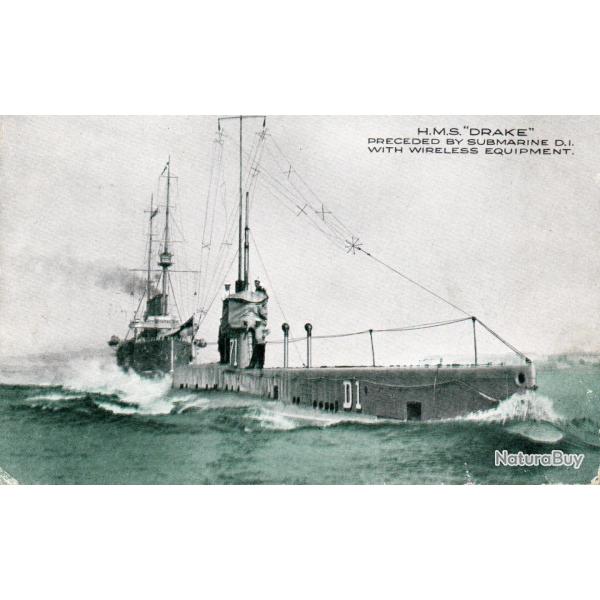 Carte postale HMS Drake et sous-marin D.1 avec �quipement sans fil- N�8150