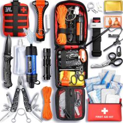 Kit de Survie Complet + Trousse de Secours + Paille Filtrante + Sac + Pierre Allume Feu Couverture