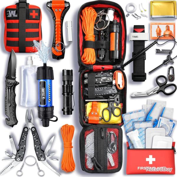 Kit de Survie Complet + Trousse de Secours + Paille Filtrante + Sac + Pierre Allume Feu Couverture