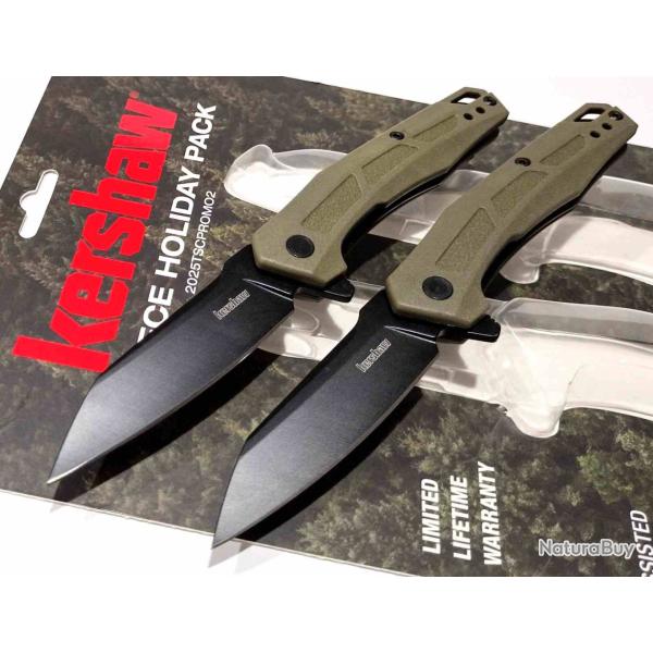 Pack de 2 Couteaux O/A Kershaw Lame Acier 3Cr13 Black Manche GFN OD Green Liner Lock KS7018