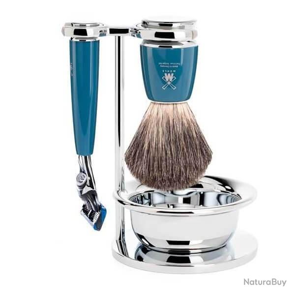 Set de rasage 4 pi�ces M�hle Rytmo bleu Fusion�, blaireau pur noir
