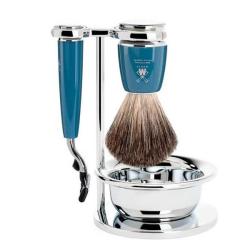 Set de rasage 4 pi&egrave;ces M&uuml;hle Rytmo bleu Mach3&reg;, blaireau pur noir