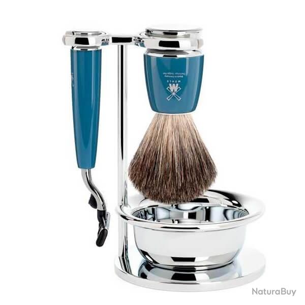 Set de rasage 4 pi�ces M�hle Rytmo bleu Mach3�, blaireau pur noir