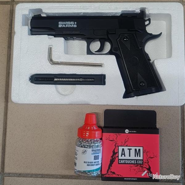 pack Colt 1911 Match Swiss Arms Co2 4,5mm 2.2 Joules 288708 + 5 sparclett + 1000 billes