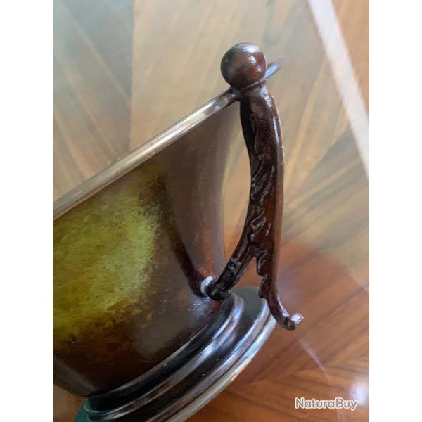 Grand Centre de Table Art D�co - Aegte Ildfast Danemark 1930 - Bronze Patin� & Anses Sculpt�es Faune