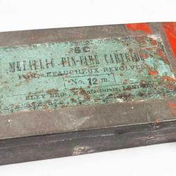 BOITE EN M&Eacute;TAL DE 50 CARTOUCHES ELEY LONDON MUNITIONS CALIBRE 12MM &Agrave; BROCHE POUR REVOLVER LEFAUCHEUX