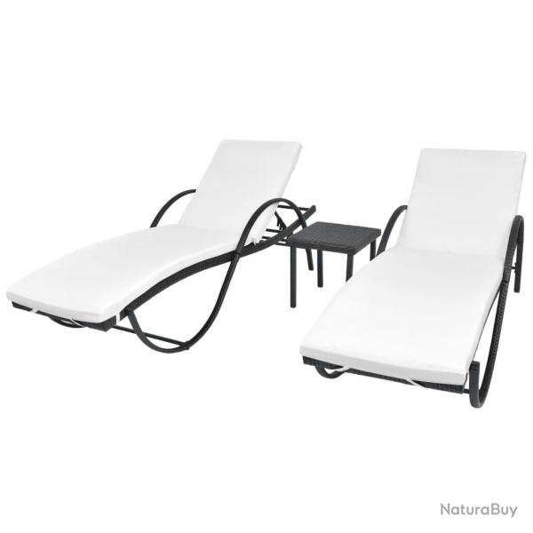 Chaises longues lot de 2 avec table r�sine tress�e noir