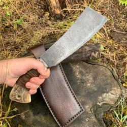couteau , machette d'artisan / manche bois de cerf, lame acier carbone 1075