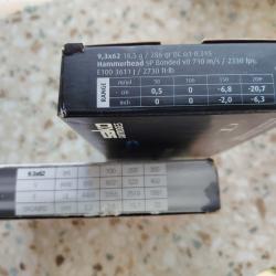 37 balles 9.3x62, 20 SAKO Hammerhead 286g + 12 SOLOGNAC SP 285g + 5 GECO TM 16,5G
