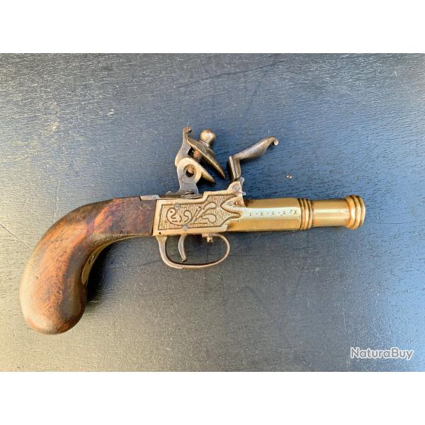 PISTOLET A SILEX DE COFFRE DE MARINE, MILIEU DU XIX SIECLE, CANON BRONZE, RESSORT A CHANGER