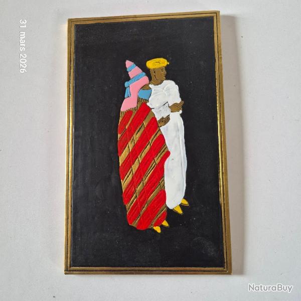 Petit tableau d'art marocain, en m�tal repouss� et peinture laque