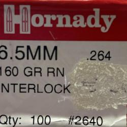 Ogives HORNADY 6.5mm 264 diam 160gr RN interlock x100