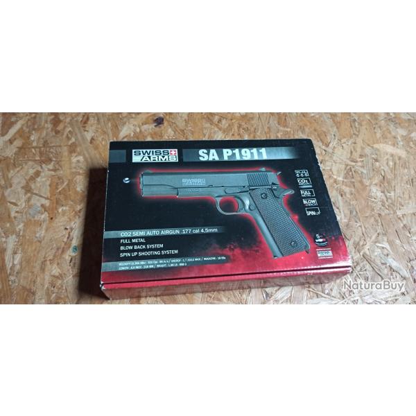 Colt 1911 Swiss Arms Co2, Blowback, full metal 4,5 mm + 2 chargeurs + holster d'�paule cuir ww2