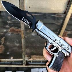 Couteau Pistolet Elitedge Pistol Linerlock A/O Lame Acier 420C Manche Gray Alu Etui Nylon