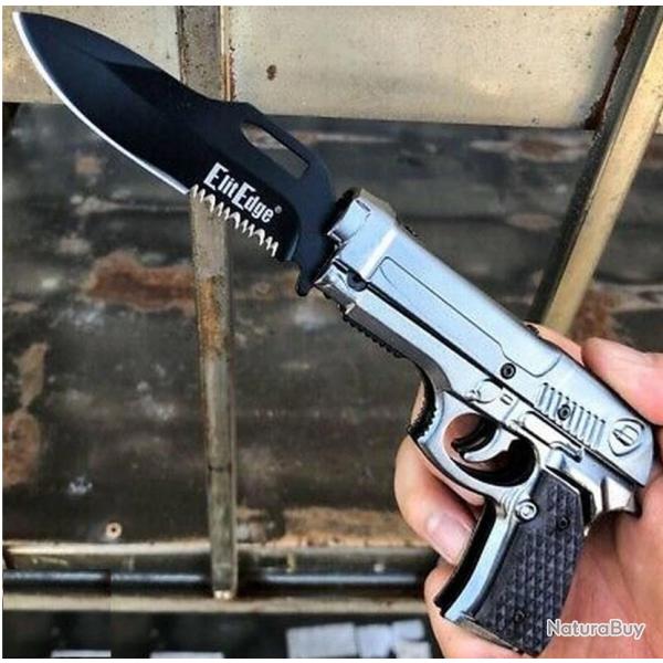 Couteau Pistolet Elitedge Pistol Linerlock A/O Lame Acier 420C Manche Gray Alu Etui Nylon