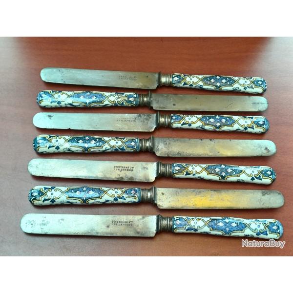 Ancien et rare service de 7 couteaux � fruit en porcelaine PREYSSAS VILLENEUVE